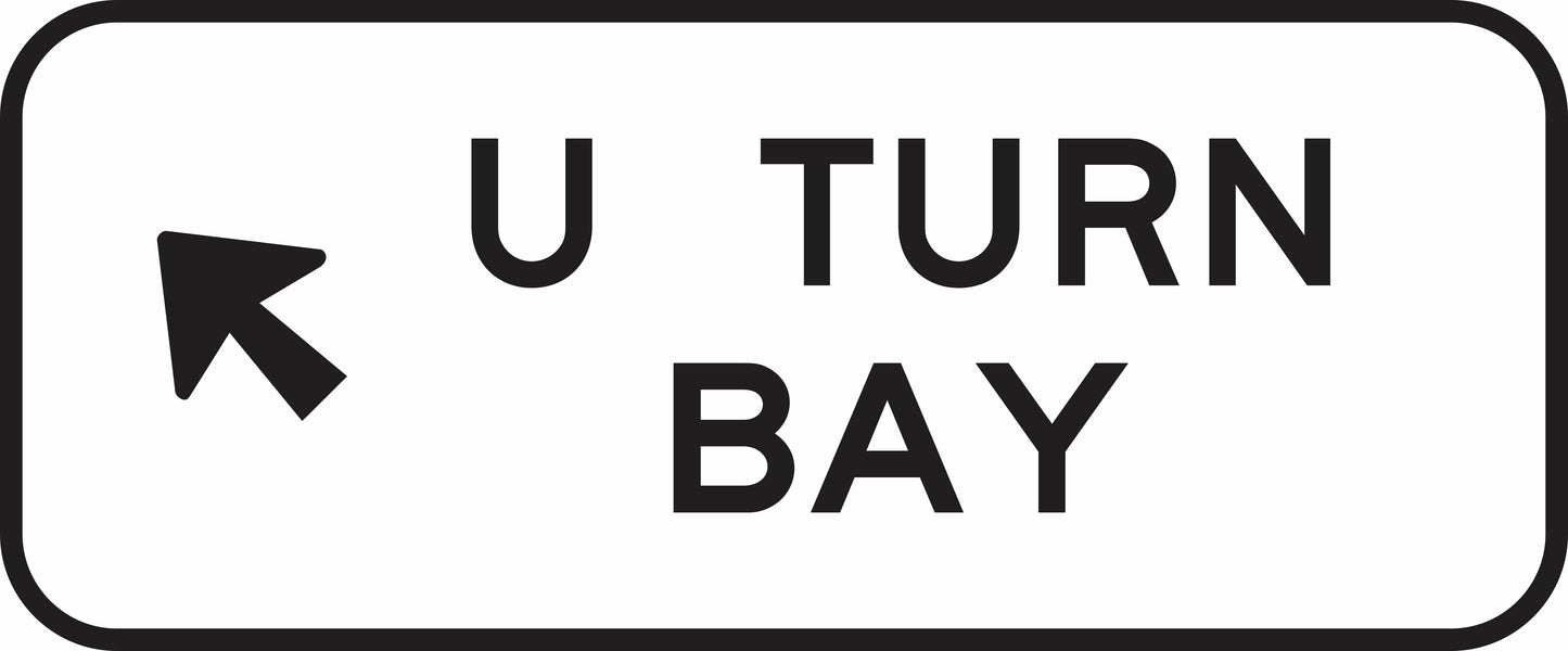 The G9-391n(L) U Turn Bay sign features an angled left arrow beside black "U TURN BAY" text on a white background with a black border.