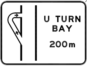 The G9-395n - U Turn Bay __m (Symbolic) road sign displays a U-turn bay diagram with arrows and the text "U TURN BAY 200m," indicating the bay is 200 meters ahead.