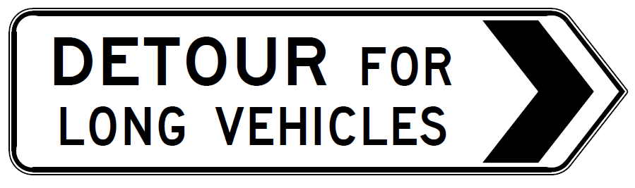 The G9-5-3(R) Detour For Long Vehicles (Right) is a black and white road sign displaying "DETOUR FOR LONG VEHICLES" with a right-pointing arrow on the right side.