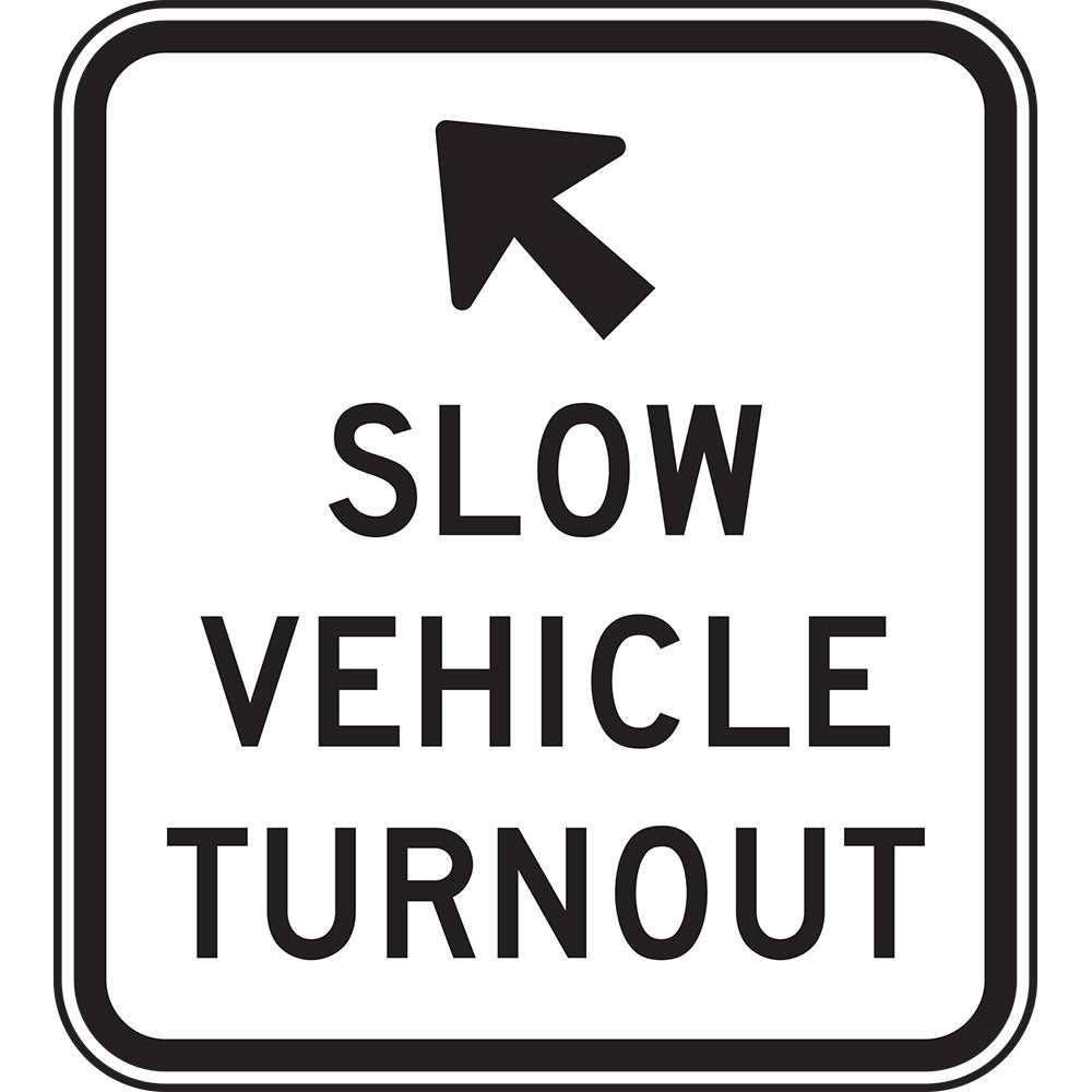 The G9-51 - Slow Vehicle Use Turnouts sign features a left upward arrow above "SLOW VEHICLE TURNOUT" in black text on a white background with a black border.