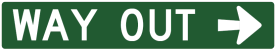 A G9-55(R) green rectangular sign with “WAY OUT” in white text and a right-pointing white arrow on the right side.