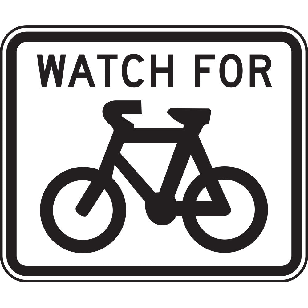The G9-57 - Watch For Bicycles sign is a black and white road sign displaying "WATCH FOR" above a bicycle graphic, alerting drivers to be cautious of bicyclists nearby.