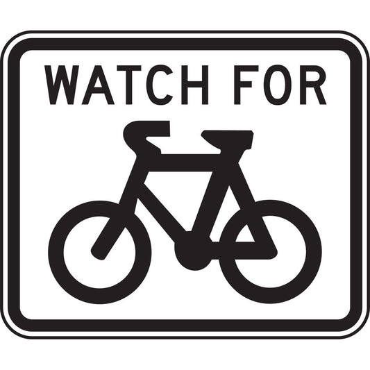The G9-57 - Watch For Bicycles sign is a black and white road sign displaying "WATCH FOR" above a bicycle graphic, alerting drivers to be cautious of bicyclists nearby.