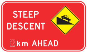 The G9-82-2n Steep Descent sign features a red background, yellow warning symbol of a car on a slope, and reads "STEEP DESCENT 2 km AHEAD.