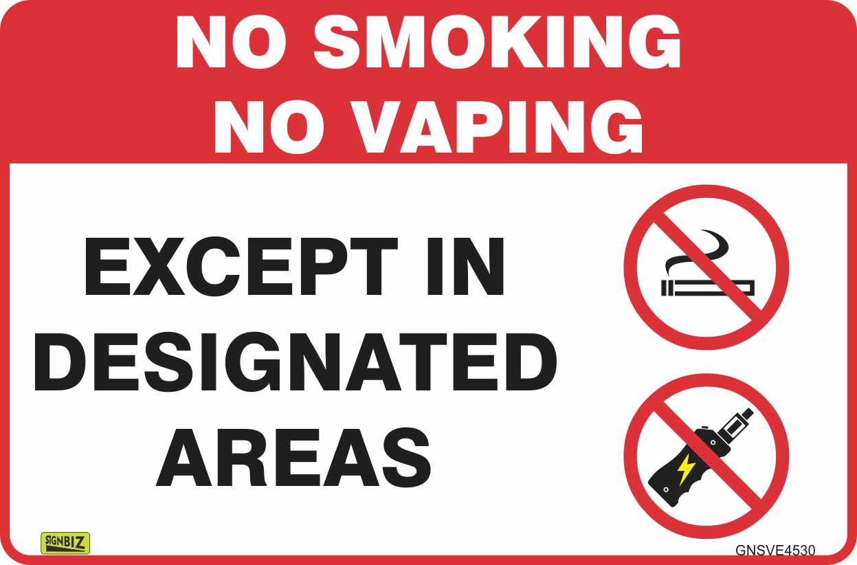A "No Smoking Or Vaping Des Area" sign featuring “NO SMOKING NO VAPING EXCEPT IN DESIGNATED AREAS” and red crossed-out symbols of a cigarette and vape pen.