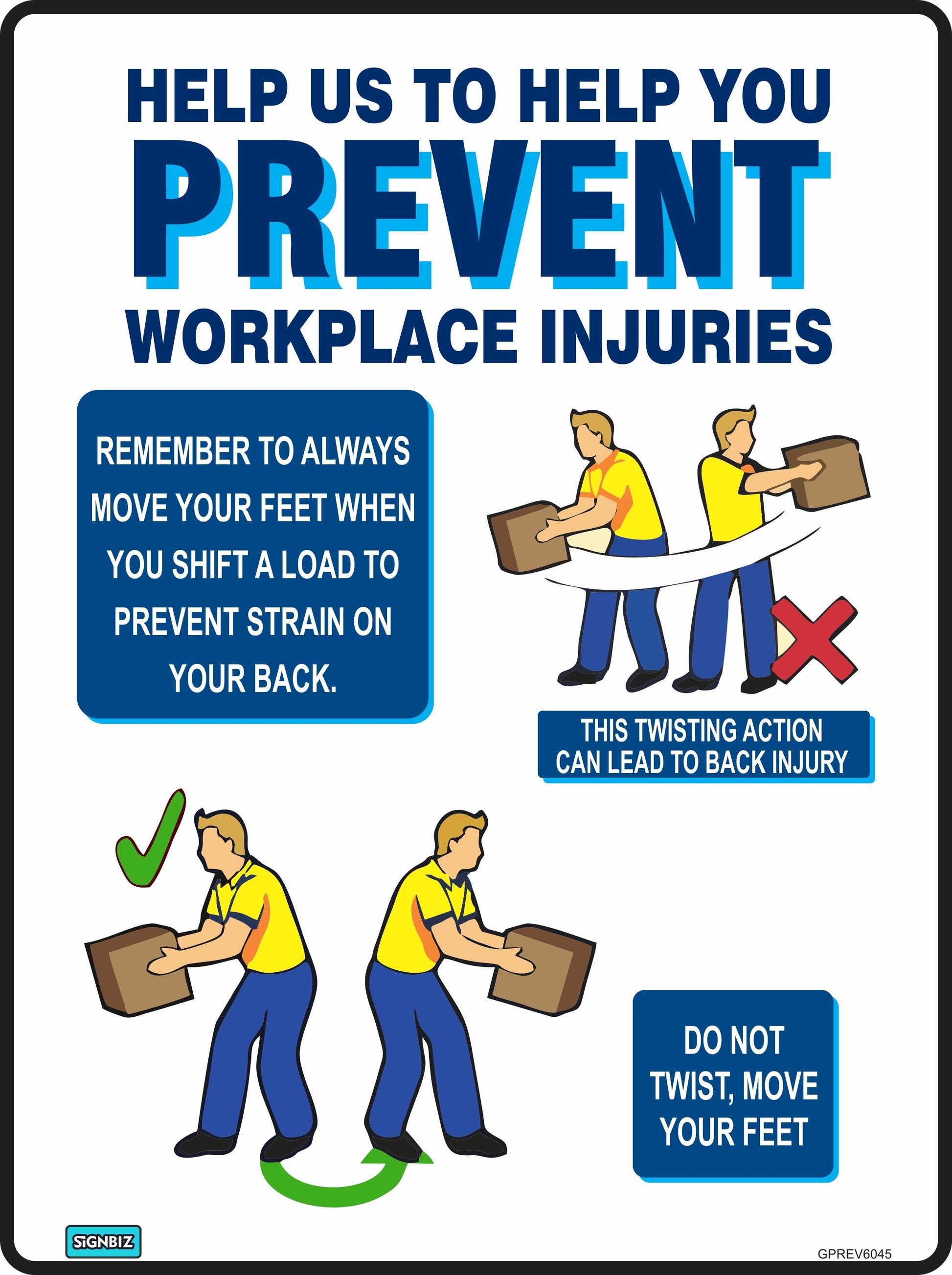 The "Prevent Workplace Injurys" infographic shows a person moving boxes, warns against twisting the back, and advises moving feet. Text boxes offer tips to avoid back strain and injury.