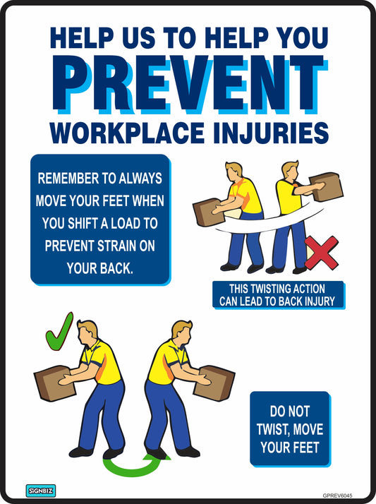The "Prevent Workplace Injurys" infographic shows a person moving boxes, warns against twisting the back, and advises moving feet. Text boxes offer tips to avoid back strain and injury.