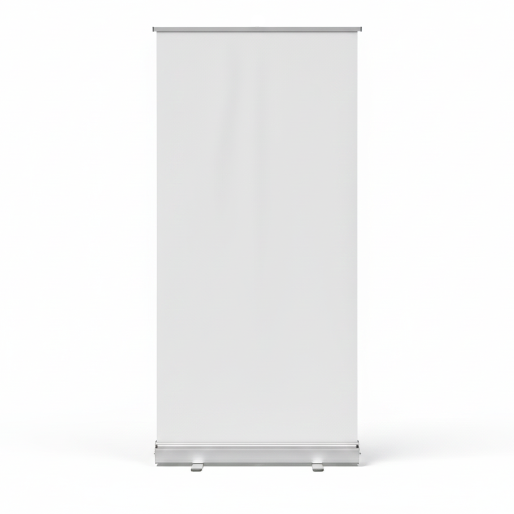 The Pull Up Banner 850mm x 2000mm, a blank white retractable stand ideal for events and displays, is fully extended against a plain white background. It features a silver base with two support feet at the bottom.