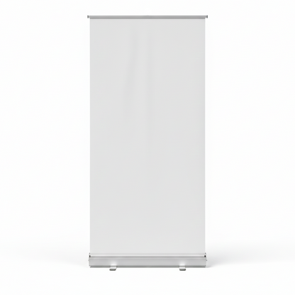 The Pull Up Banner 850mm x 2000mm, a blank white retractable stand ideal for events and displays, is fully extended against a plain white background. It features a silver base with two support feet at the bottom.