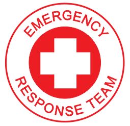 A red and white circular logo featuring a white cross in the center. Around the cross, "EMERGENCY RESPONSIBILITY TEAM" is written in red capital letters. This is for a 50mm hard hat decal.
