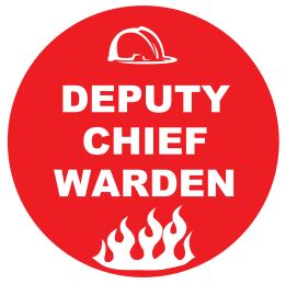 The DEPUTY CHIEF WARDEN HARD HAT DECAL 50mm features a red circular design with a white helmet icon at the top, “DEPUTY CHIEF WARDEN” in bold white text in the center, and white flame graphics at the bottom.