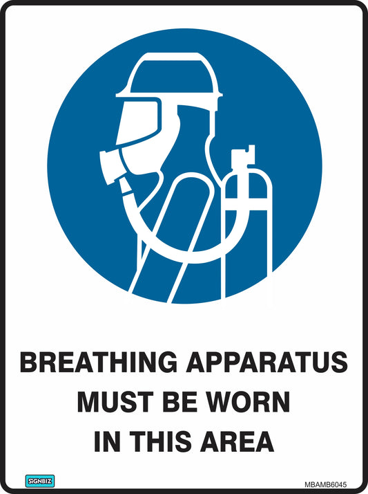 The Mandatory Breathing Apparatus sign features an image of a person in a breathing mask and helmet with the message “Breathing Apparatus Must Be Worn In This Area” to promote compliance with workplace safety regulations.