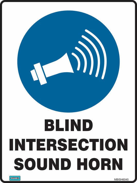 The Mandatory Blind Int Sound Horn sign, with a blue circle and white megaphone emitting sound waves, and "BLIND INTERSECTION SOUND HORN" text, reminds drivers to alert others for improved workplace safety.
