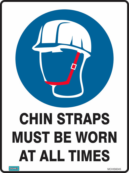 The "Mandatory Chin Straps At All Times" sign features a hard hat with chin strap image and bold black text, ensuring compliance with AS/NZ 1319-1994 workplace safety sign standards.