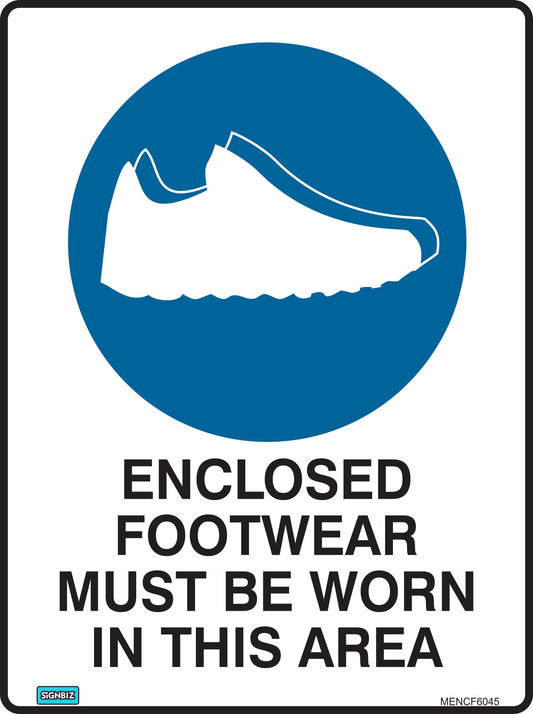 The "Mandatory Encl Footwear Req" sign displays a white enclosed shoe on a blue circle with the text "ENCLOSED FOOTWEAR MUST BE WORN IN THIS AREA," indicating that covered footwear is required for safety.
