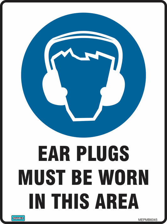 The "Mandatory Ear Plugs Req" sign displays a white head silhouette with ear plugs on a blue circle and bold black text, "EAR PLUGS MUST BE WORN IN THIS AREA," to promote workplace safety and compliance.