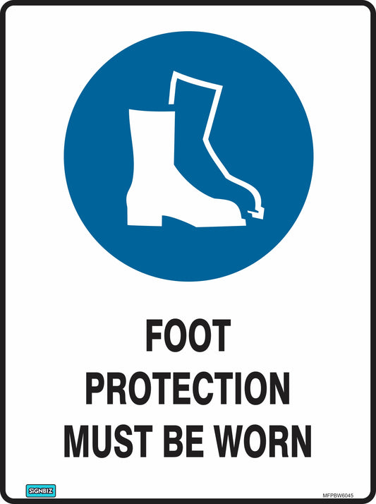 The Mandatory Foot Prot Mine Site sign displays a protective boots icon in a blue circle with “FOOT PROTECTION MUST BE WORN” to promote workplace safety and remind staff of the requirement for safety footwear.