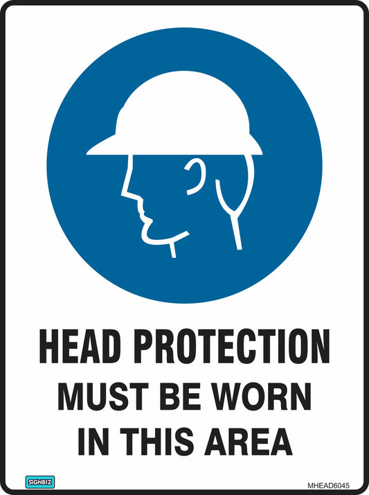 The Mandatory Head Protection safety sign features a white hard hat icon on a blue circle with the text "HEAD PROTECTION MUST BE WORN IN THIS AREA" in bold black letters, ensuring compliance with essential workplace Mandatory Signs.