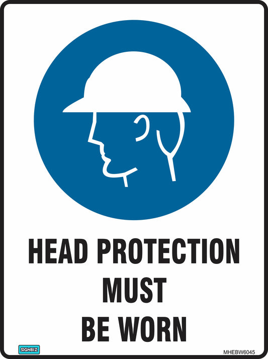 The "Mandatory Head Prot. Must Be Worn" sign features a blue circle with a white hard hat symbol, clearly indicating that head protection is required in the area for workplace safety.