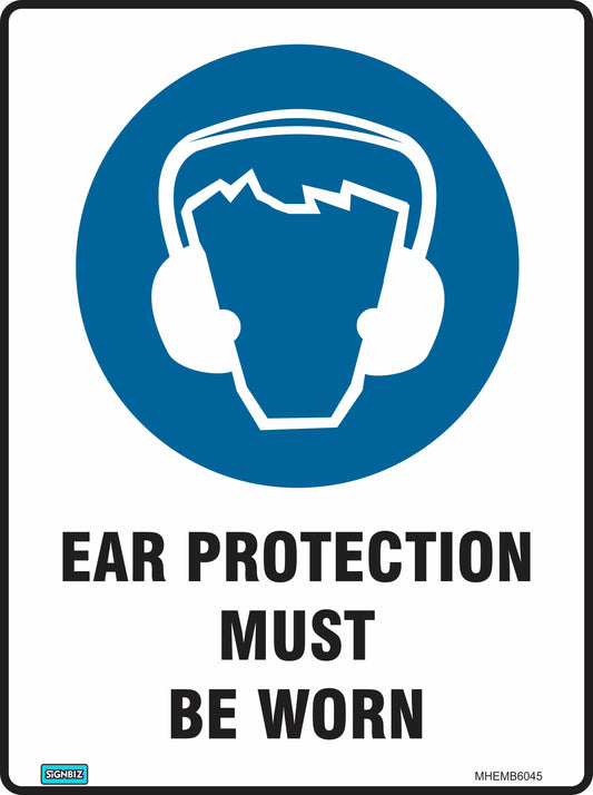 The Mandatory Ear Prot Req sign is a blue and white workplace safety sign featuring a head with earmuffs icon above the bold text "EAR PROTECTION MUST BE WORN" in black capital letters.