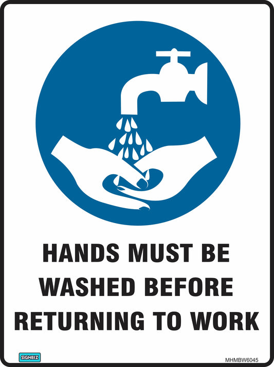 The Mandatory Hands Must Be Washed sign displays hands under running water from a faucet with the message "HANDS MUST BE WASHED BEFORE RETURNING TO WORK," clearly highlighting essential hygiene requirements in workplaces.