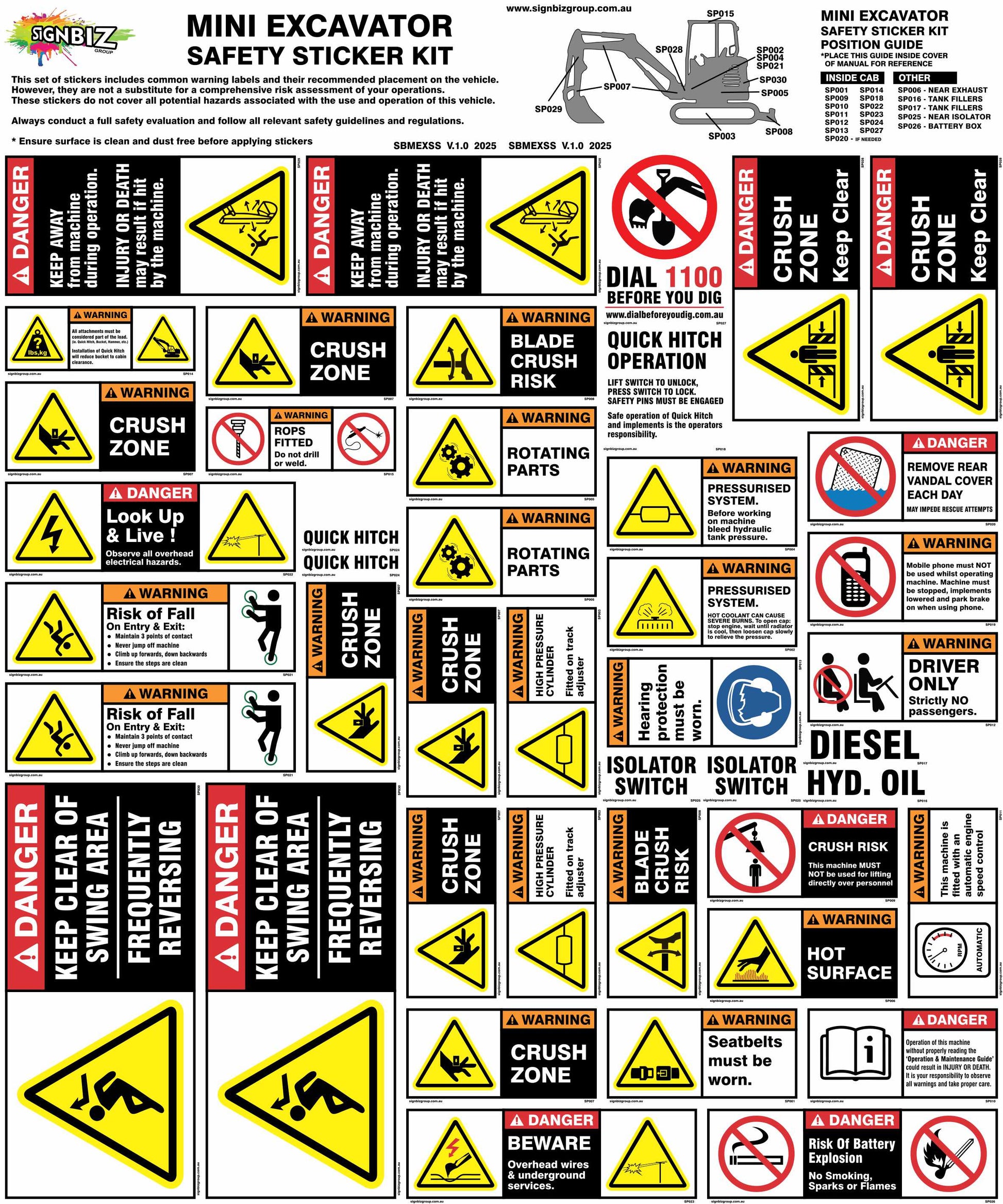 The Sticker Kit - Mini Excavator (<8t) includes yellow, red, and black safety labels with warning icons, symbols, and danger text for crush zones, moving parts, tipping hazards, and fluid safety.
