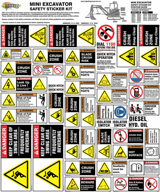 The Sticker Kit - Mini Excavator (<8t) includes yellow, red, and black safety labels with warning icons, symbols, and danger text for crush zones, moving parts, tipping hazards, and fluid safety.