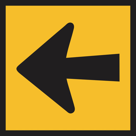 The Arrow Marker (MMS Insert) features a large solid black left-pointing arrow centered on a yellow square with a thick black border, designed for use in sign frames with interchangeable messages or as a Multi-Message Sign Insert.