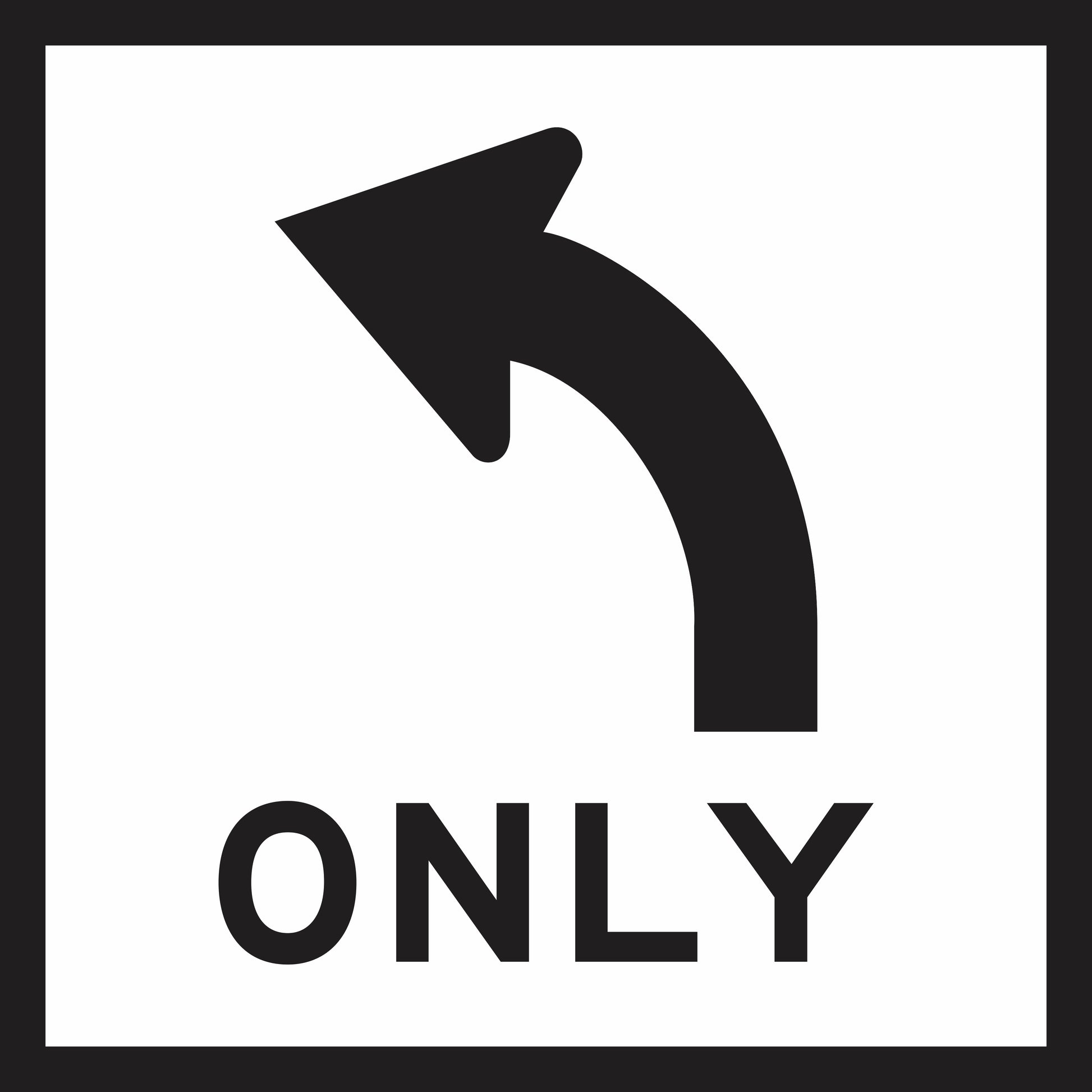 The All Traffic Left Only (MMS Insert) features a black left-turn arrow above "ONLY" in bold black letters on a white square with black border, designed for sign frames and multi-message sign insert systems.