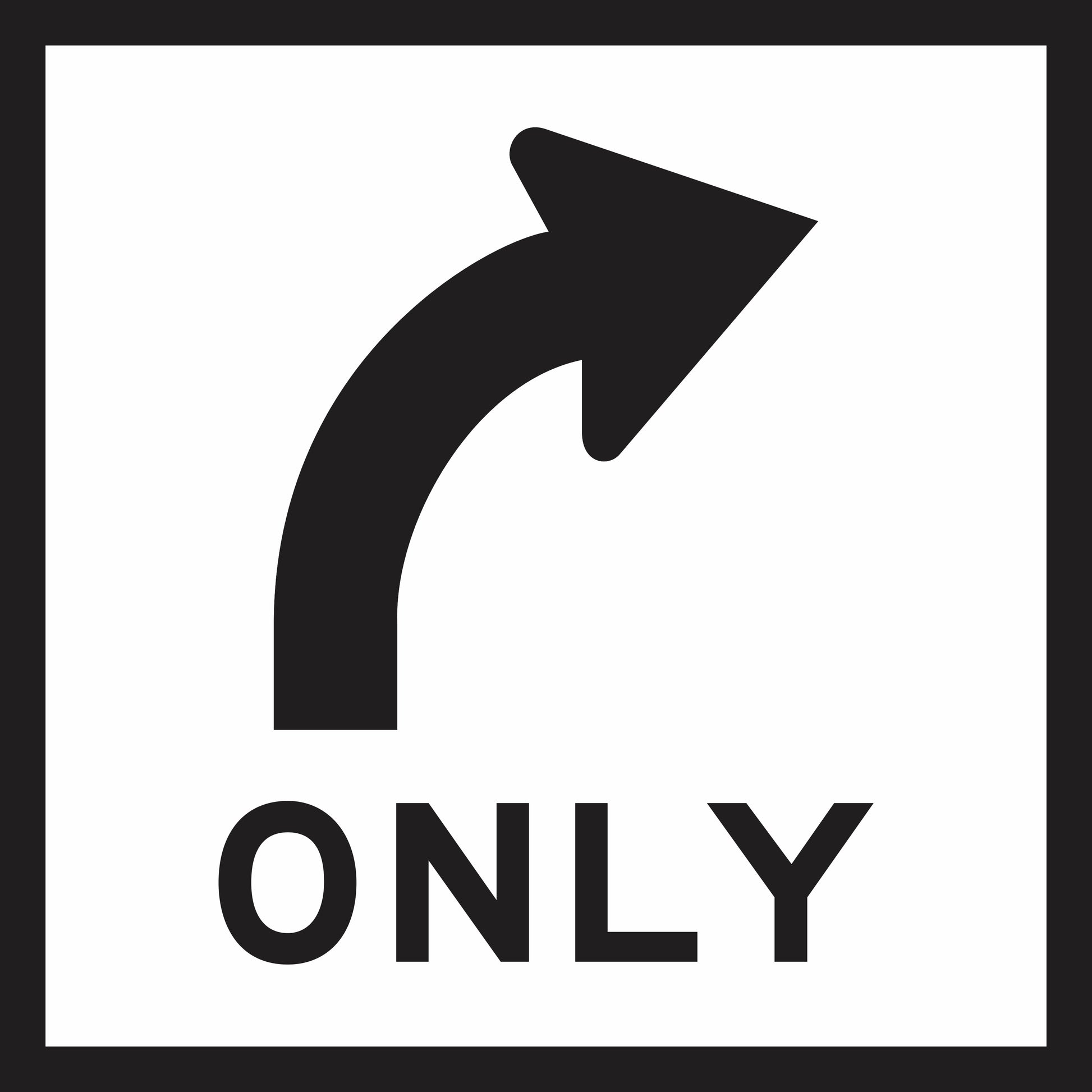 The All Traffic Right Only (MMS Insert) features a black right-turn arrow above "ONLY" on a white background, guiding vehicles to turn right only. Designed as a multi-message sign insert for displaying interchangeable traffic messages.