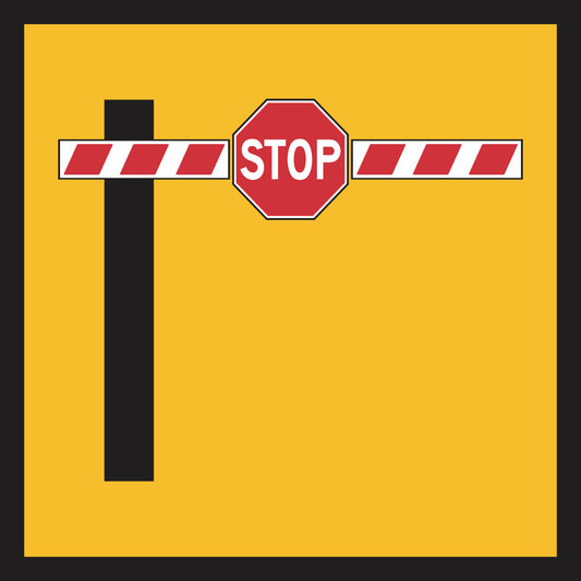 The Boom Barrier (MMS Insert) has a red and white striped arm with a red stop sign, set horizontally across a black vertical post on the left, all displayed against a yellow background.