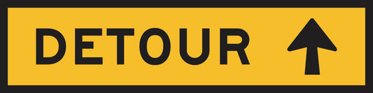 The Detour Straight Arrow (MMS Insert) is a yellow rectangular sign with "DETOUR" in black capitals and a black upward arrow, designed for sign frames to allow for interchangeable messages or Multi-Message Sign Inserts.
