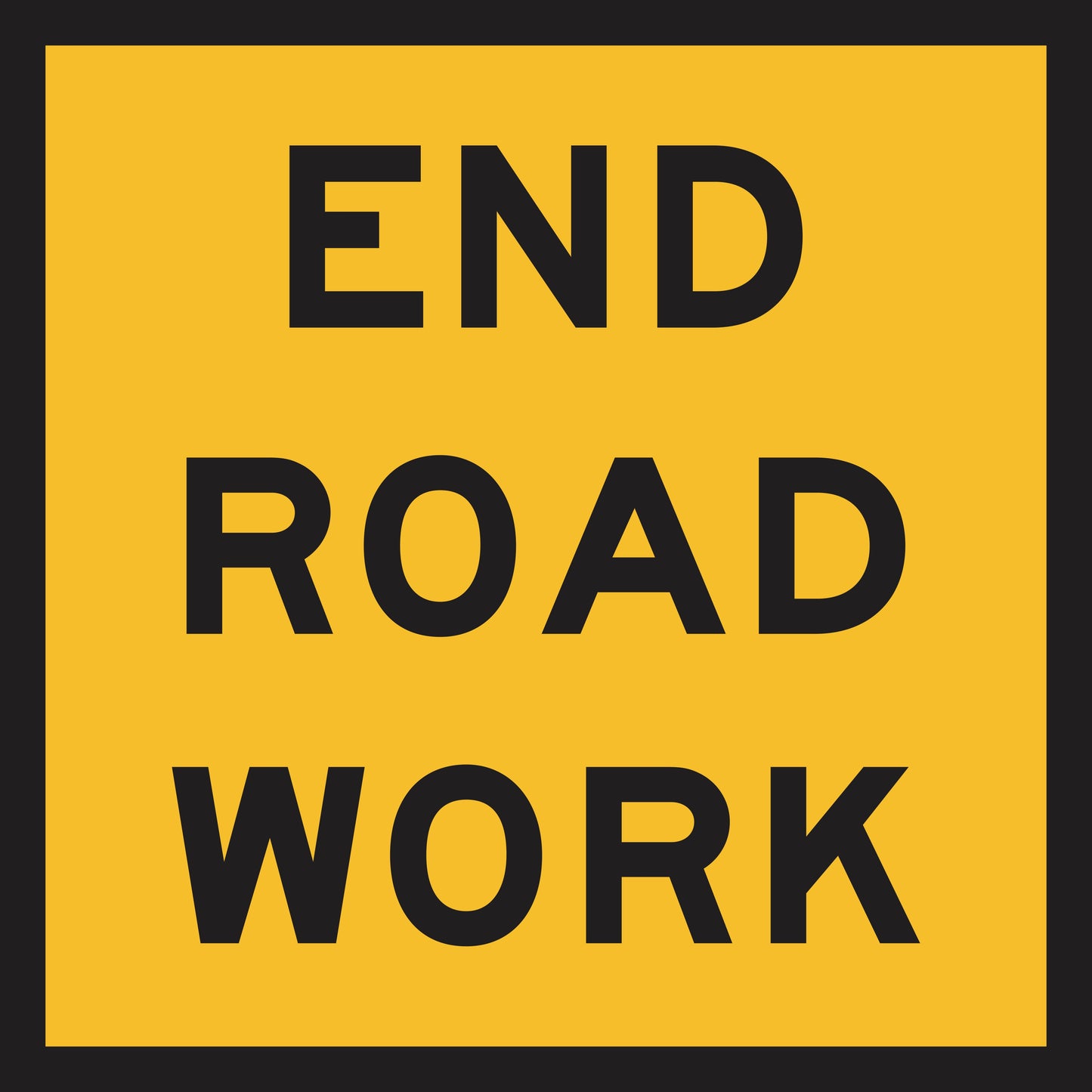 The End Road Work (MMS Insert) is a yellow rectangular sign with a black border and bold black "END ROAD WORK" text in three lines, designed for clear traffic guidance and compatible with Multi-Message Sign Insert systems.