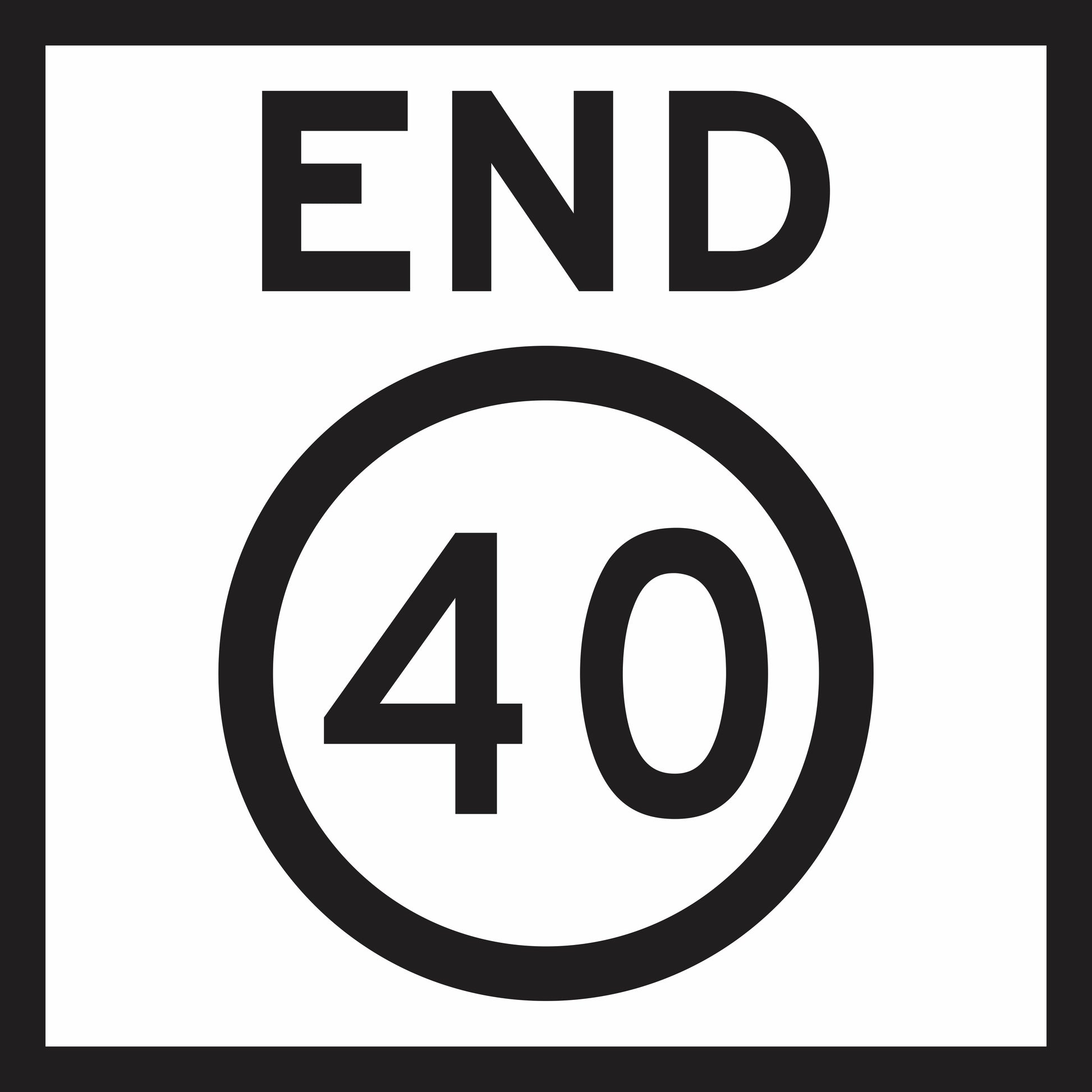 The End Speed Limit (MMS Insert) is a black and white road sign with frames, displaying "END" above a circle with "40" to indicate the end of a 40 km/h speed limit zone; messages are interchangeable.