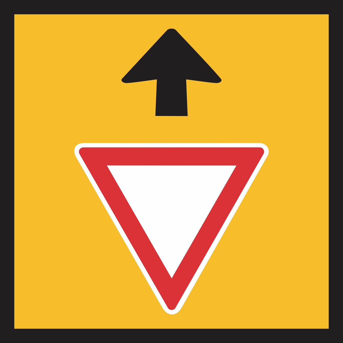 The Give Way Sign Ahead (MMS Insert) features a black upward arrow above a red and white yield sign on a yellow background with a black border, designed for use with multi-message sign frames and interchangeable messages.