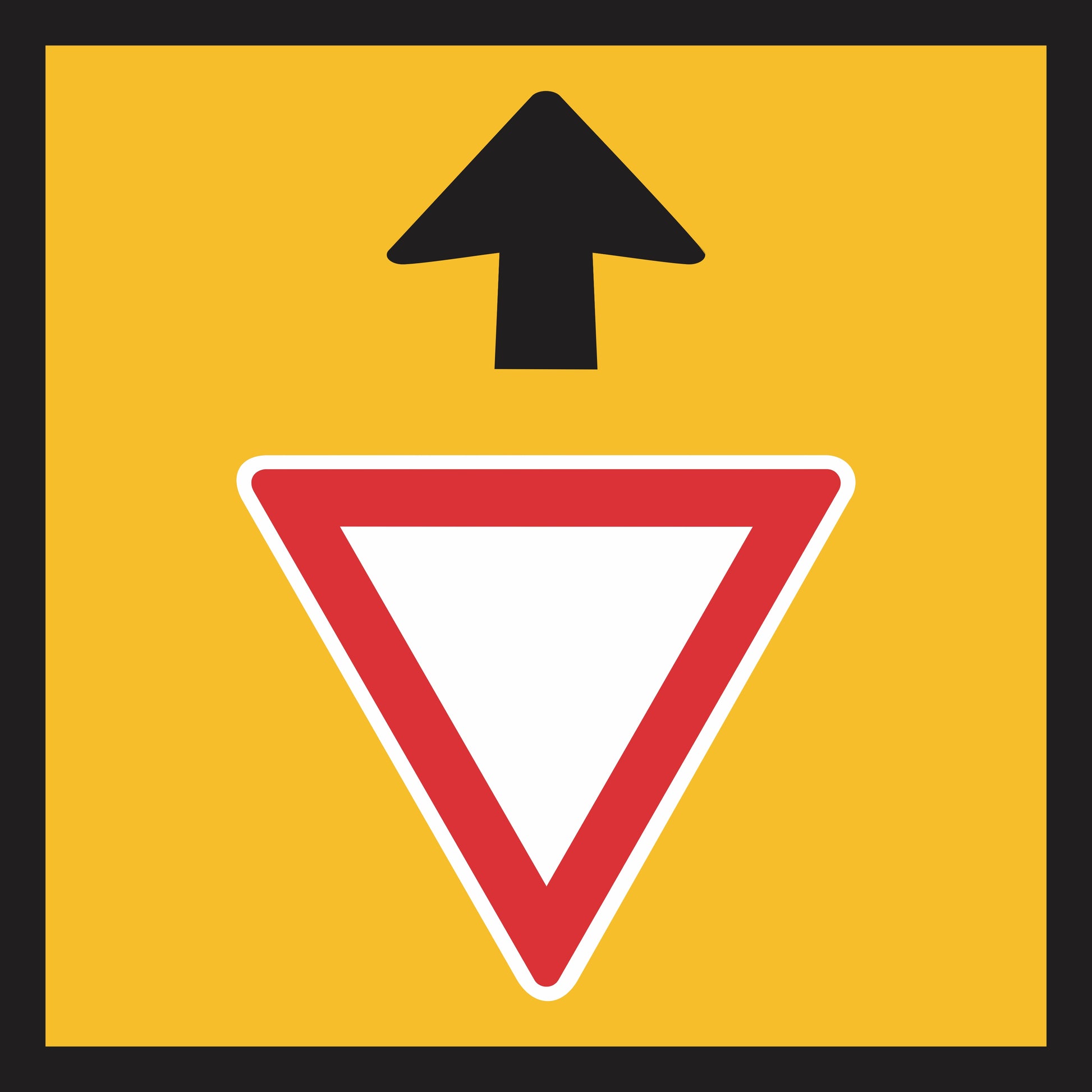 The Give Way Sign Ahead (MMS Insert) features a black upward arrow above a red and white yield sign on a yellow background with a black border, designed for use with multi-message sign frames and interchangeable messages.