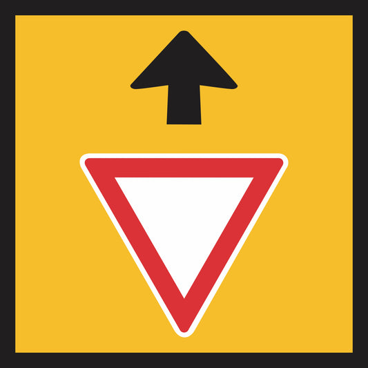 The Give Way Sign Ahead (MMS Insert) features a black upward arrow above a red and white yield sign on a yellow background with a black border, designed for use with multi-message sign frames and interchangeable messages.