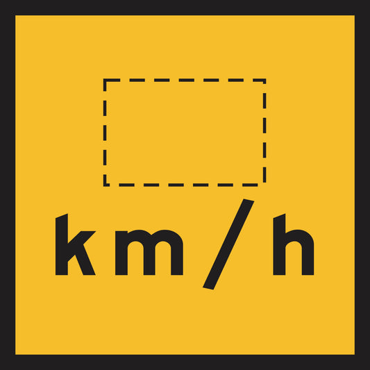 The Speed km/h (MMS Insert) features a yellow square with a black border and "km/h" at the bottom. Above is a dashed-line rectangle for interchangeable messages, making it ideal as a multi-message sign insert for traffic guidance.