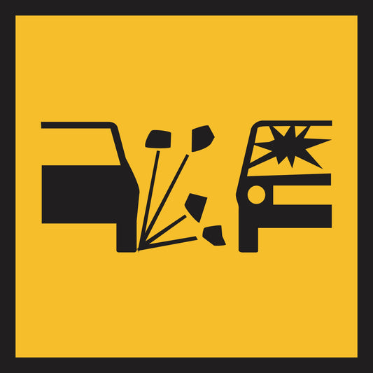 Black icon depicting loose stones hitting a car, set on a yellow background; designed for multi-message sign insert systems or sign frames with interchangeable messages. Product Name: Loose Stones (MMS Insert).