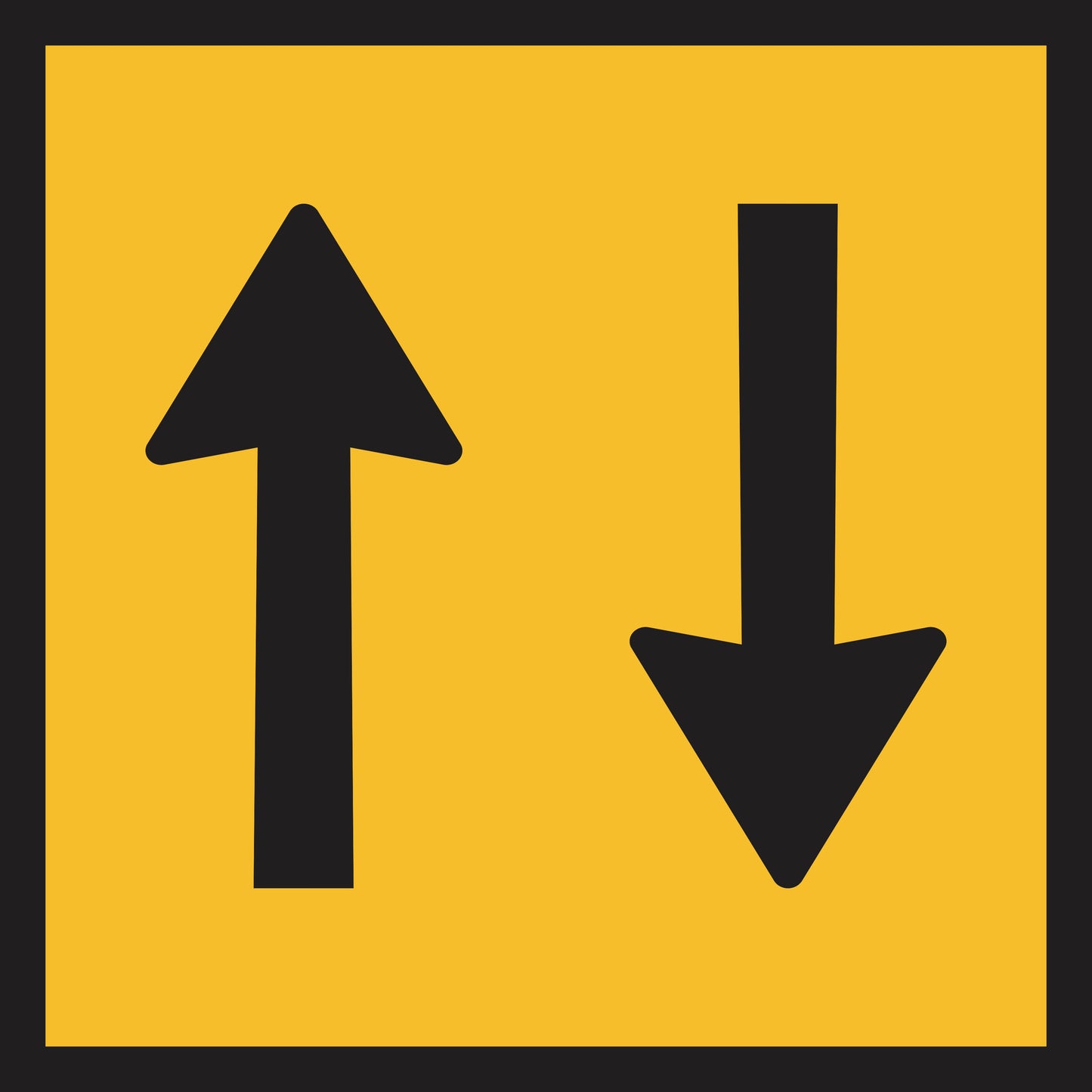 The One Lane Each Way (MMS Insert) is a yellow square sign insert with a bold black border, featuring a left black upward arrow and right black downward arrow, ideal for sign frames to indicate two-way or opposite direction traffic.