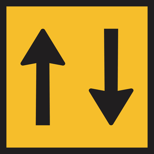 The One Lane Each Way (MMS Insert) is a yellow square sign insert with a bold black border, featuring a left black upward arrow and right black downward arrow, ideal for sign frames to indicate two-way or opposite direction traffic.