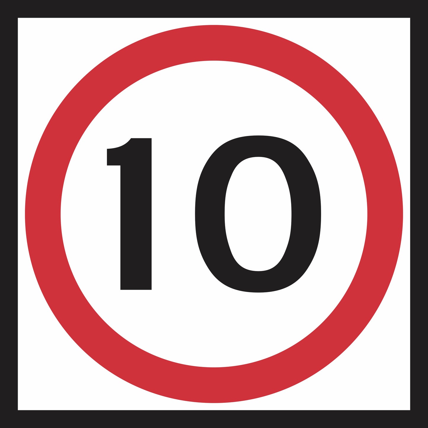 The Speed Limit (MMS Insert) is a white square sign with a thick red circle border and the number 10 in black at the center, clearly indicating a speed limit of 10 units for effective traffic guidance.