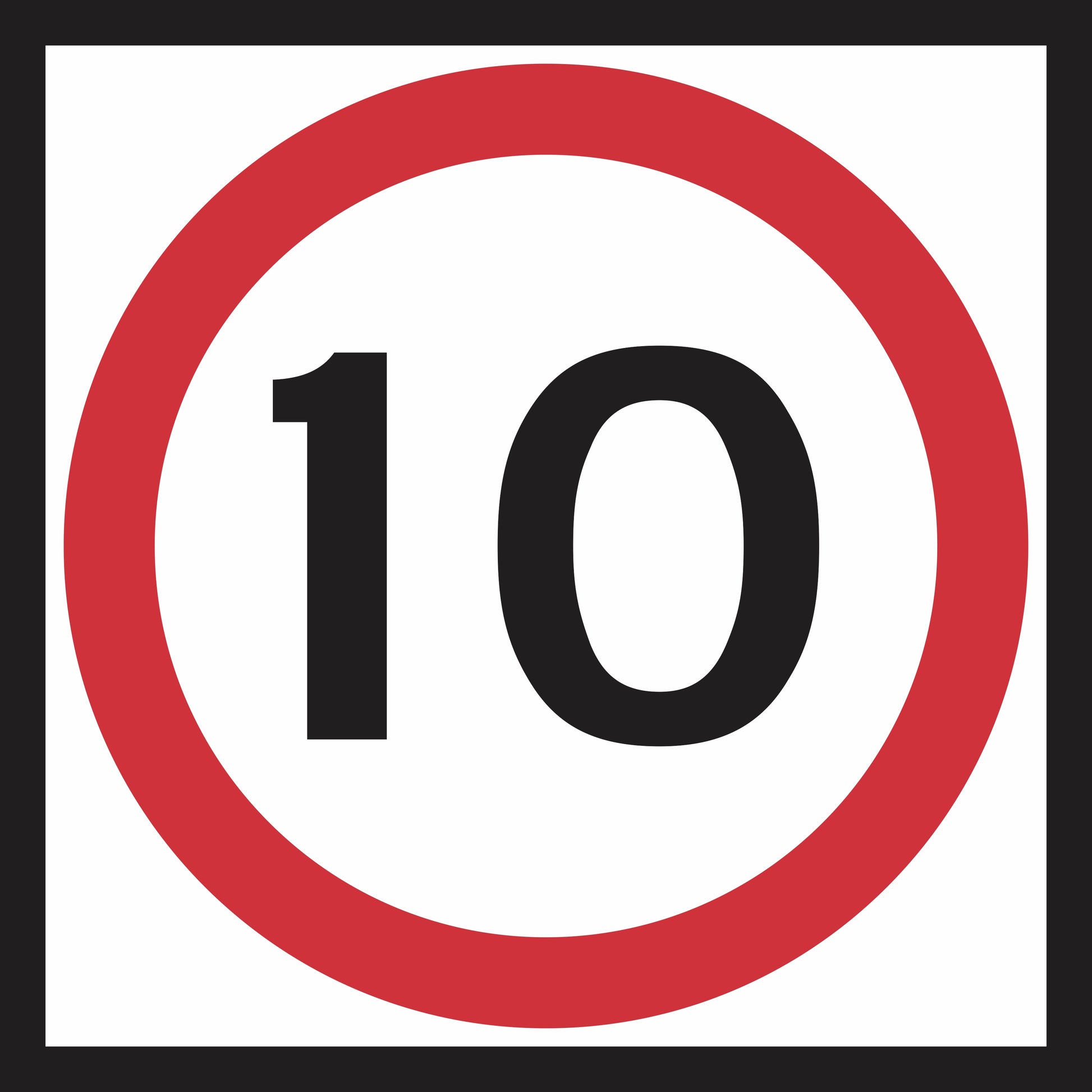 The Speed Limit (MMS Insert) is a white square sign with a thick red circle border and the number 10 in black at the center, clearly indicating a speed limit of 10 units for effective traffic guidance.