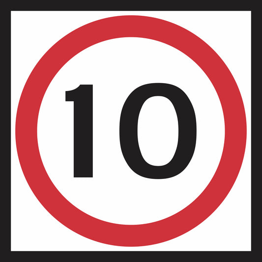 The Speed Limit (MMS Insert) is a white square sign with a thick red circle border and the number 10 in black at the center, clearly indicating a speed limit of 10 units for effective traffic guidance.