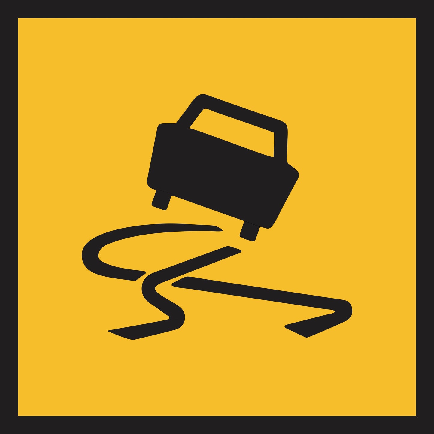 A black icon of a skidding car with tire tracks appears on a yellow background, representing the "Slippery When Wet (MMS Insert)" sign designed for Multi-Message Sign Insert systems for flexible traffic guidance.