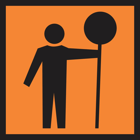 The Traffic Controller (MMS Insert) features a black silhouette holding a round sign on an orange square background, designed as a traffic control symbol with space for customizable messages.