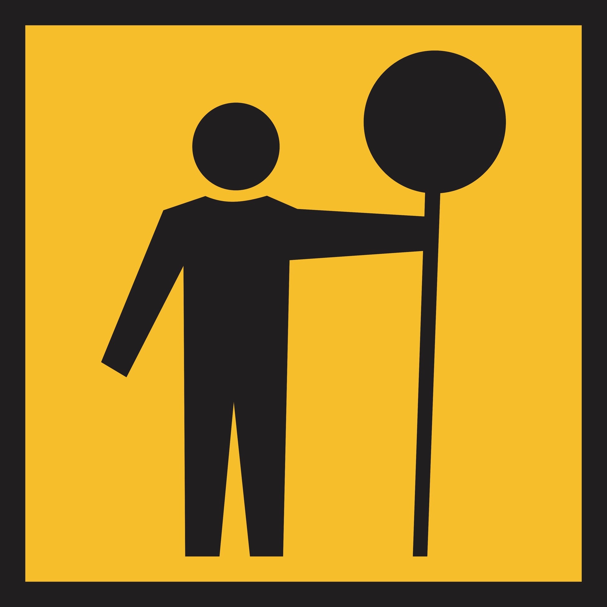 The Traffic Controller (MMS Insert) features a black stick figure holding a round, multi-message sign insert on an orange-yellow square background with a thick black border—ideal for traffic guidance with interchangeable messages.