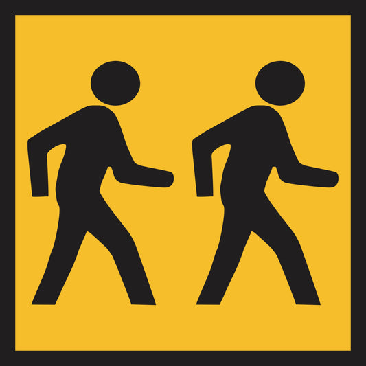 Walkers Ahead (MMS Insert): Features black silhouettes of two people walking right on a yellow background with a black border. Designed for Multi-Message Sign Insert systems and ideal for frames with interchangeable messages. Simple, stylized design.