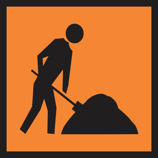 The Worker Symbolic (MMS Insert) features a black silhouette using a shovel on an orange background with a black border—perfect for Multi-Message Sign Inserts that need clear traffic guidance.