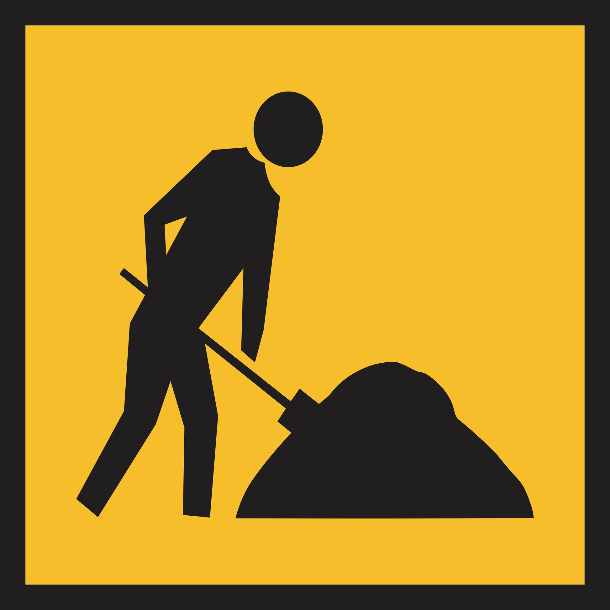 The Worker Symbolic (MMS Insert) features a black silhouette of a person shoveling material on a yellow background with a black border, resembling a traffic or work-in-progress sign with changeable messages.